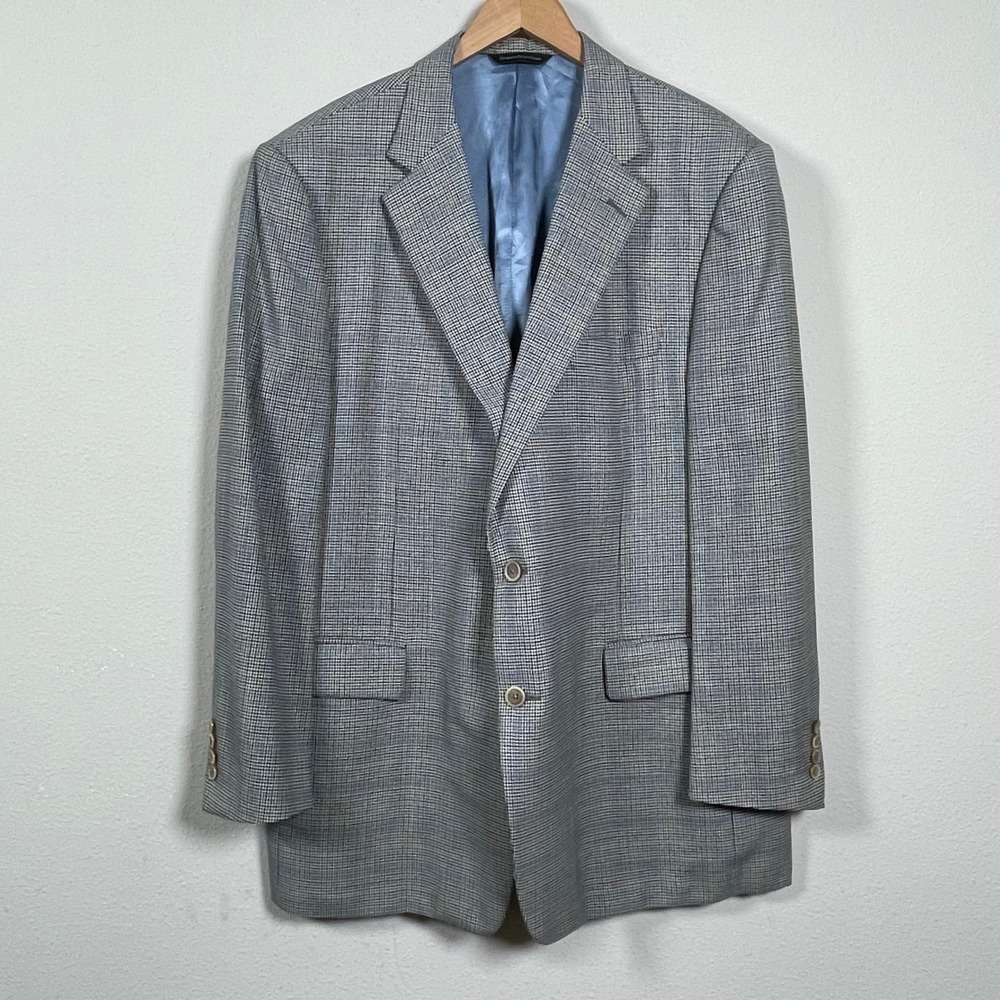 Samuelsohn Blazer Mens 48 Tall Gray Blue Houndstooth Jacket Wool SB Como Italy